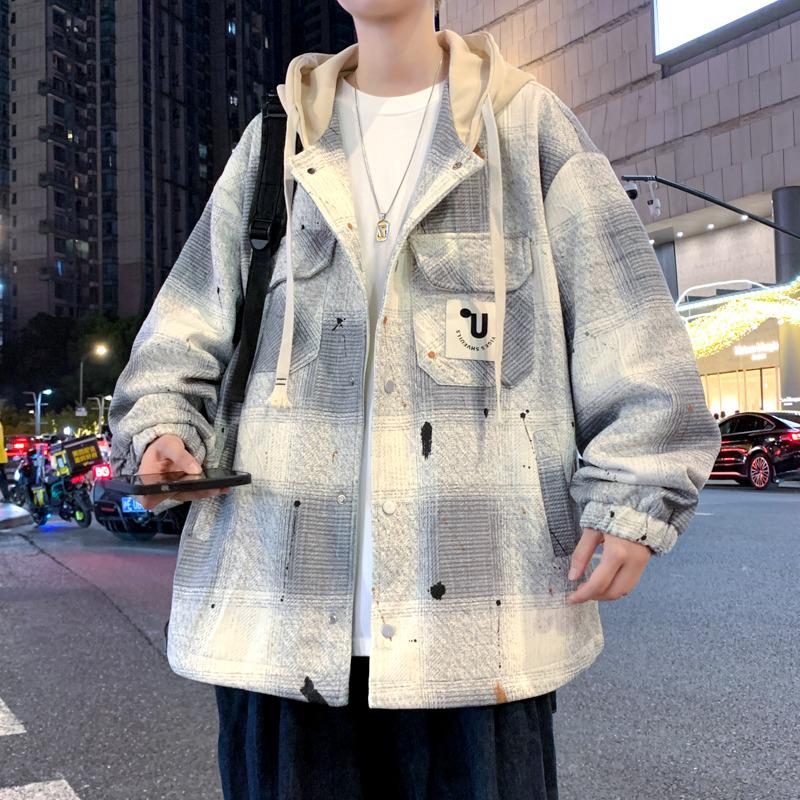 Men's Hooded Plaid Cotton Jacket - Spring/Autumn/Winter Workwear for Youth Students