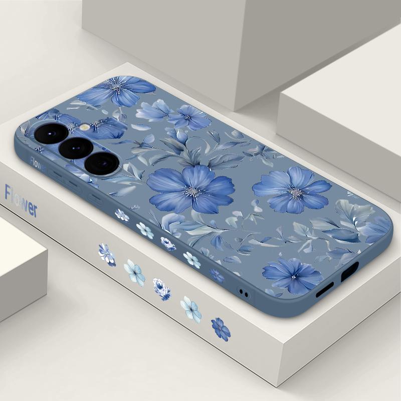 

Чехол для телефона с синим цветочным принтом для Samsung Galaxy S24 S25 FE S25 S23 S22 Ultra A17 A56 A16 A55 A25 A15 A36 A54 5G Противоударный чехол с ремешком Мягкая накладка Samsung Galaxy A56 5G серый