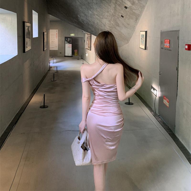 Dinner Dress Birthday Party Small Dress Pleated Hip Wrap Temperament Celebrity Neck Shoulder Dress