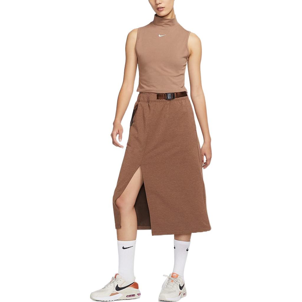 Nike Solid Color High Waist Midi A-Line Skirt Women Skirts Brown DM6169-215