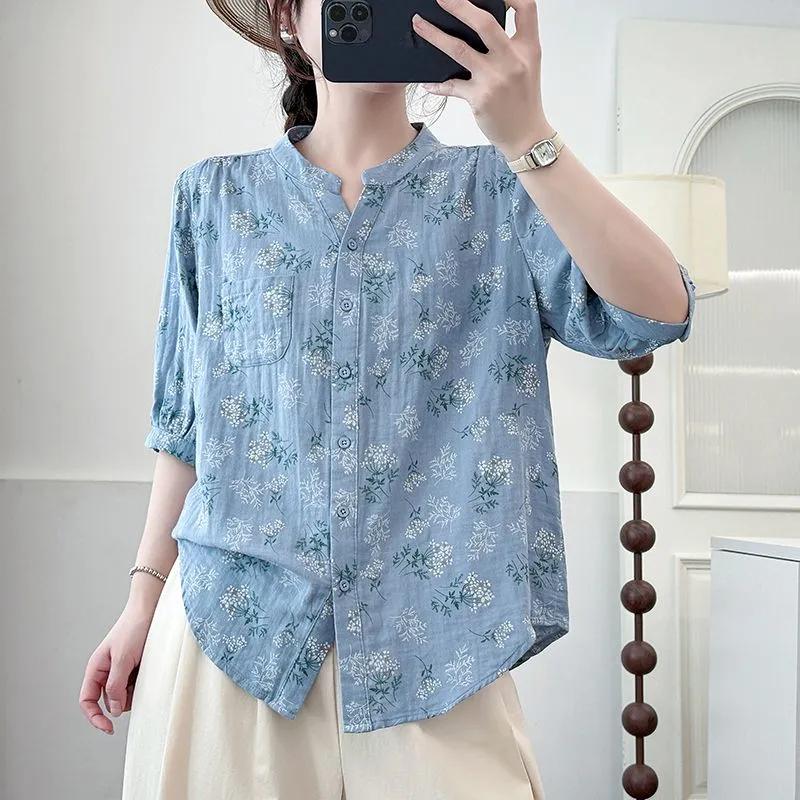 Womens Casual Floral Print V Neck Half Sleeve Loose Blouse S синий