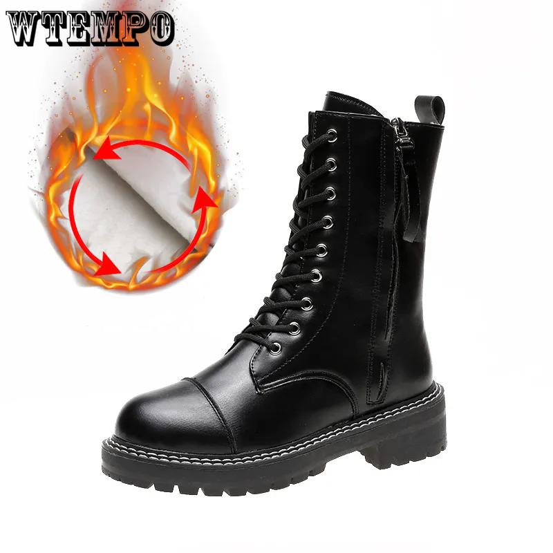 

WTEMPO Thickened Soft Sole Non-slip Skiing Boots Mid-heel Women s Autumn Winter Plush Inner Snow Boots Plus Size Warm Faux Leather Shoes 40