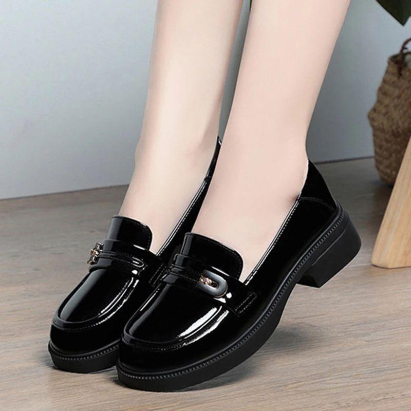 Spring Comfortable British Style Shallow Bright Leather Loafers Women Pumps  Square Heels Chunky Platform Shoes Office Size35-41