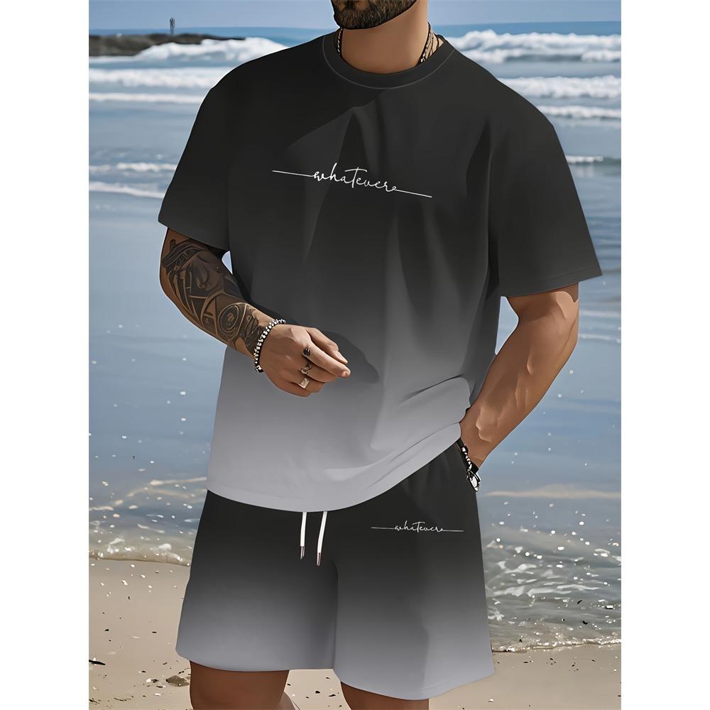 New Summer Plus Size Men's Two-piece Letter Print Pattern Fashion Short-sleeved Suit Street Men Loose Comfortable Shorts