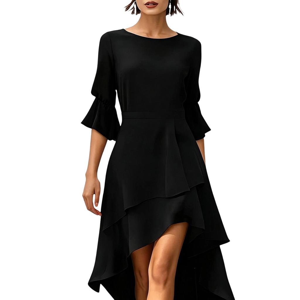 Women's Three-Quarter Sleeve Ruffle Hem Irregular Party Dress