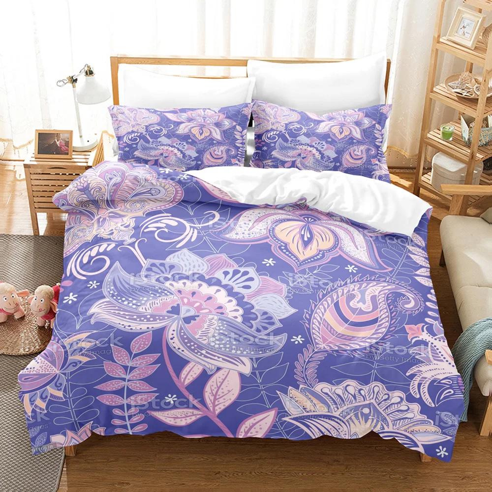 Bohemian Mandala Duvet Cover Set King Size Blue Boho Microfiber Comforter Cover +Pillowcases Zipper Closure Bedding Set Double