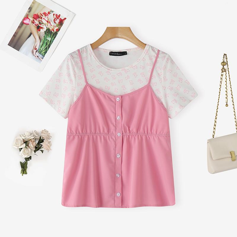 ZANZEA Women Summer Casual Fake Two Piece Patchwork Short Sleeve T-Shirts