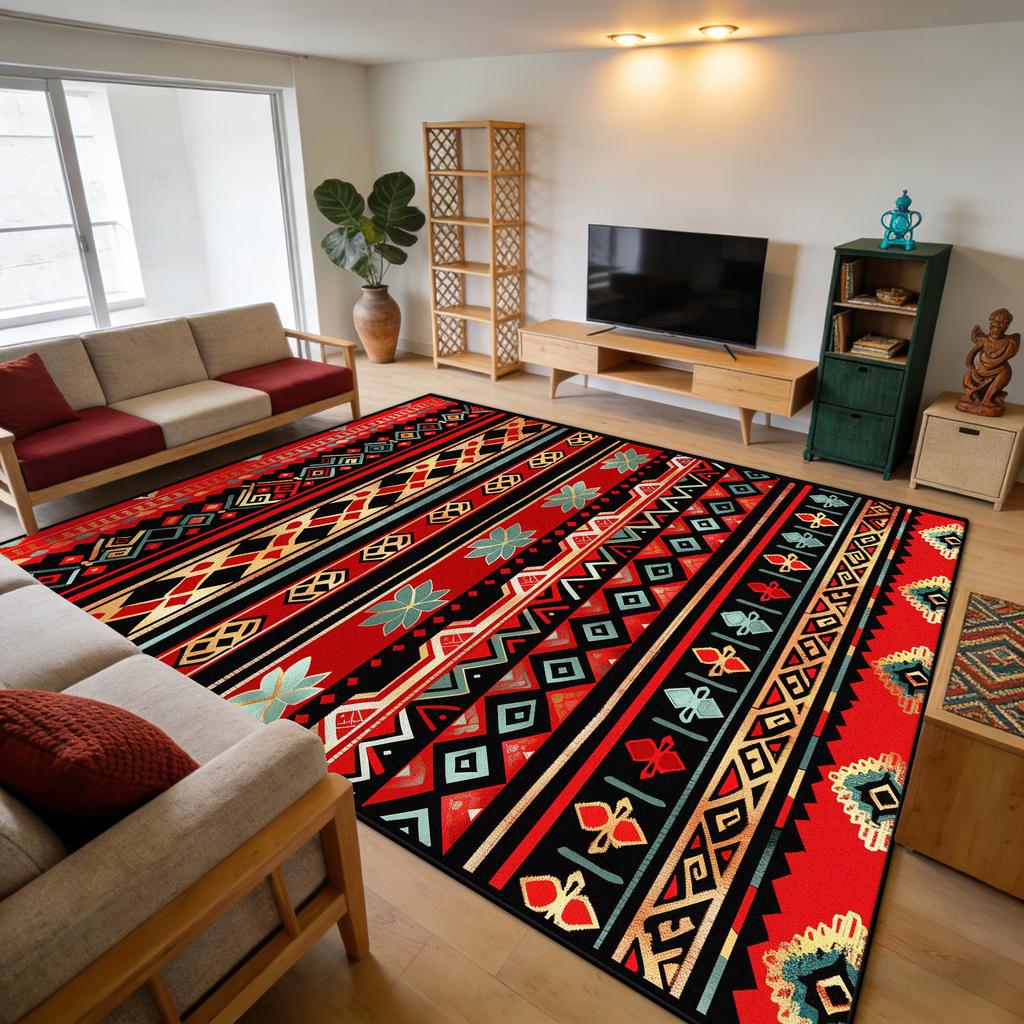 Retro Ethnic Geometry Dark toned Fluffy Carpet Decoration Bedroom Living Room Non-slip Soft Rug Large Area Easy Clean Floor Mats
