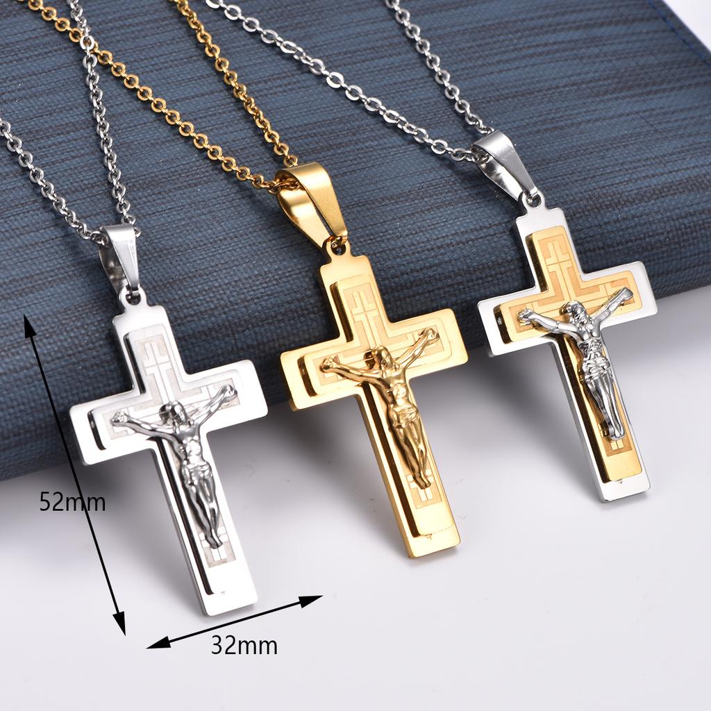 Stainless Steel Jesus Crucifix Cross Pendant Necklace for Women Men Religious Faith Prayer Charms Chain Amulet Metal Jewelry
