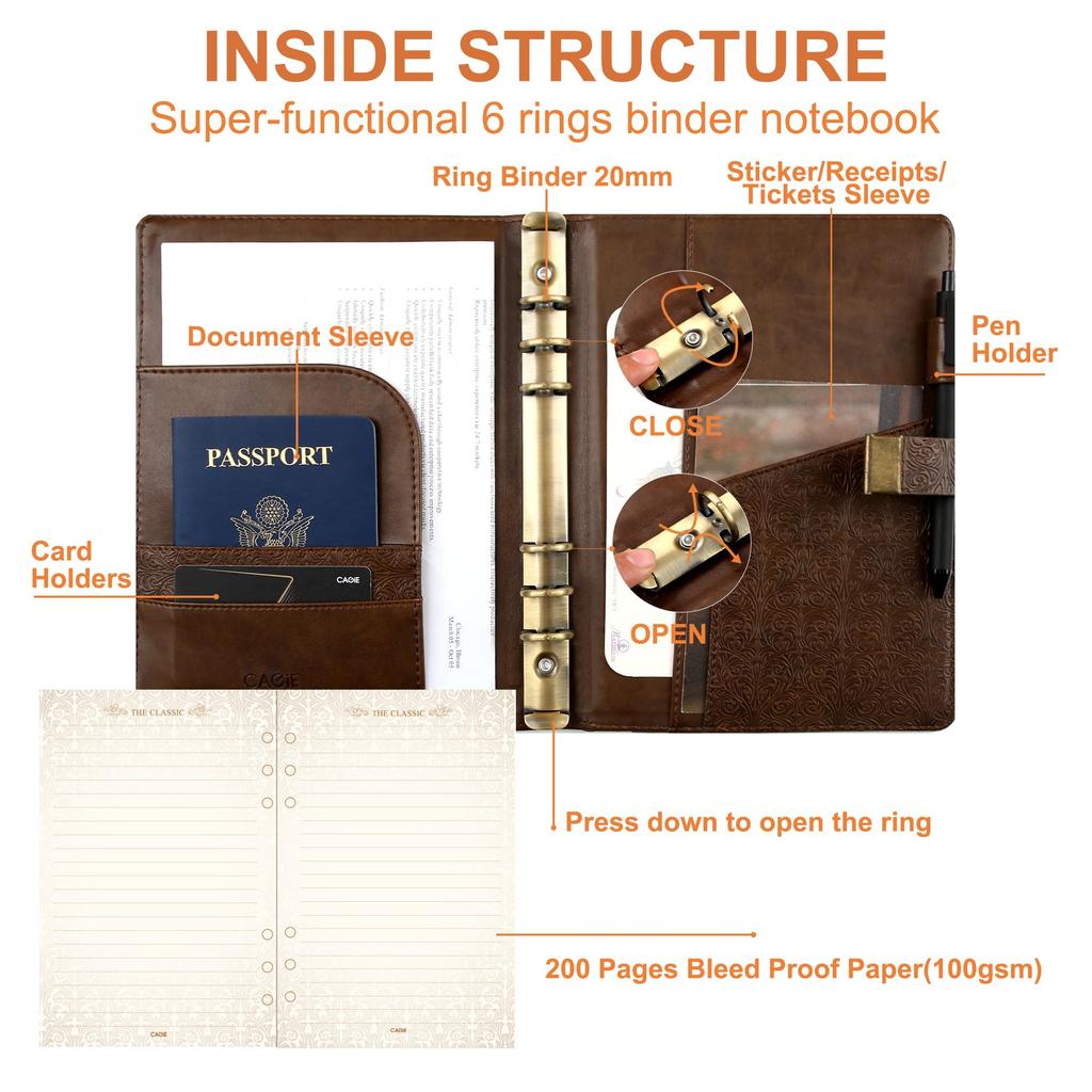 CAGIE System Planner A5 Lockable Notebook Antique Diary with Business Card for PU 230 x Brown Lock, Loose-leaf, 6-ring Ring, Diary, Holder, School,