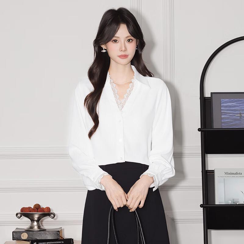 Women's Polo Collar Lace Trim Long Sleeve Shirt