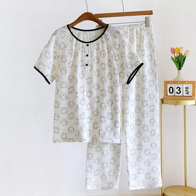 Vår Sommar Ny Dam Pyjamas Set 100% Bomull Krepp Damer Kort Ärm+Långa Byxor Söt Tröja Hemdräkt Tvådelat Set