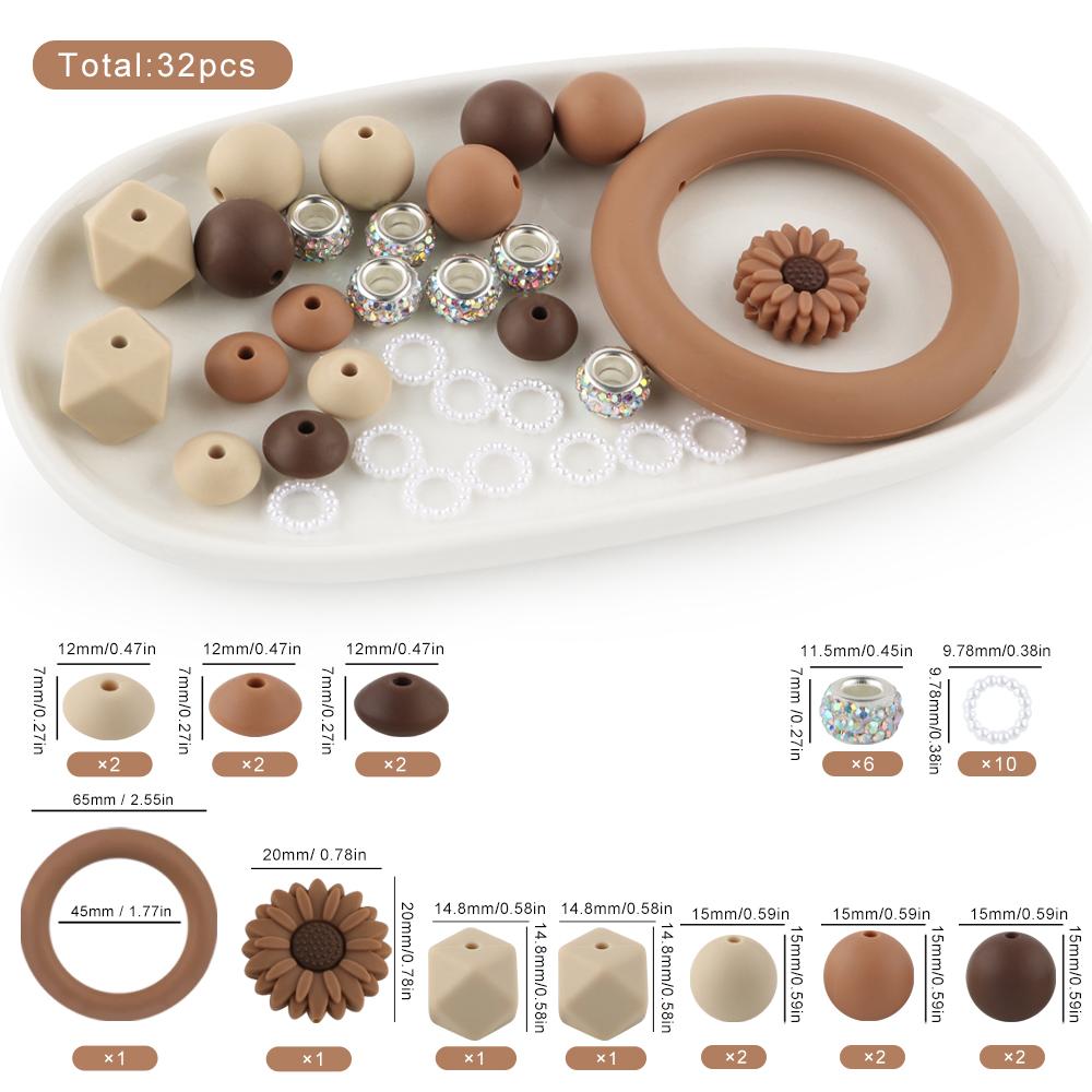 32Pcs/set Mixed Style Silicone Bead Kit Round Silicone Ring Focal Bead DIY KeyChain Bracelet Necklace Jewelry Accessories
