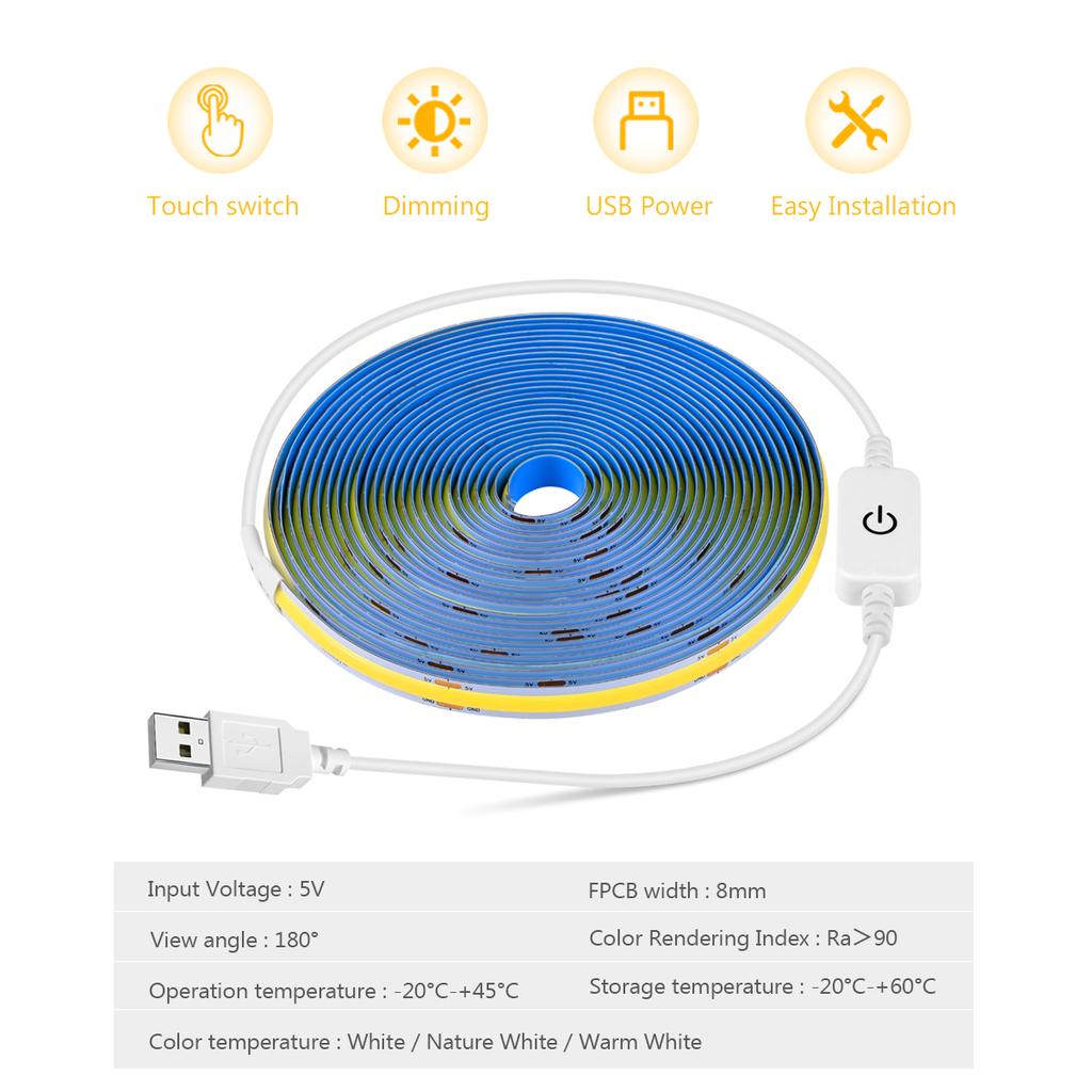 DC 5V COB USB LED Skaplys Berøringsdimbart TV Baklys Tape LED Striplys for Garderobe Trapper Kjøkken Soverom Dekorasjon