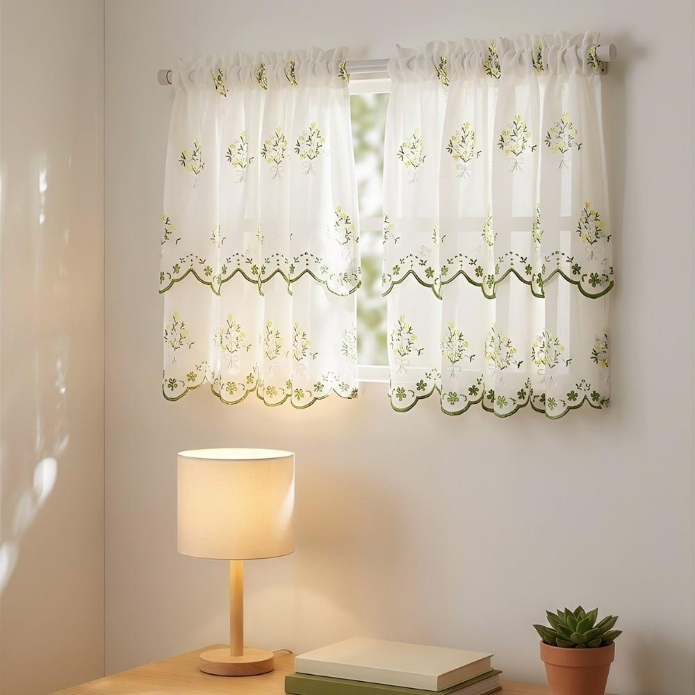 French Vintage Embroidered Short Curtain Dust-Proof Platycodon Flower Semi-Blackout Curtain Double Layer Window Drapes