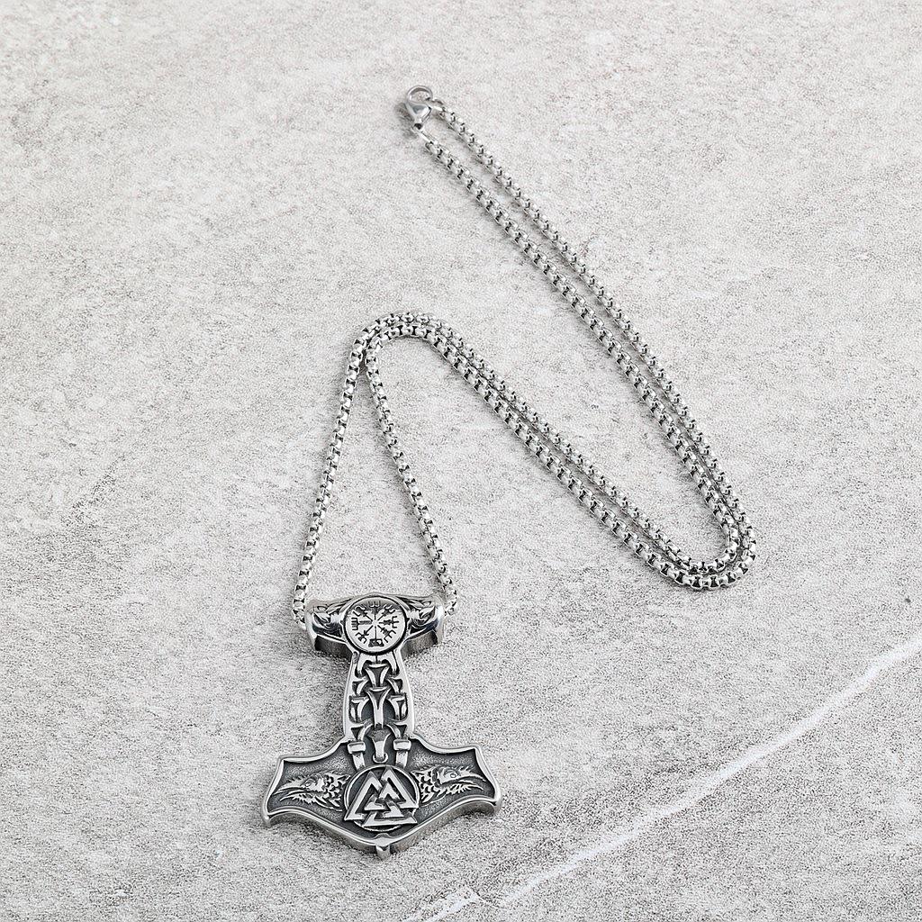 Stainless Steel Viking Pendant Necklace with Double Wolf Heads - Nordic Mythology Inspired, Retro Style