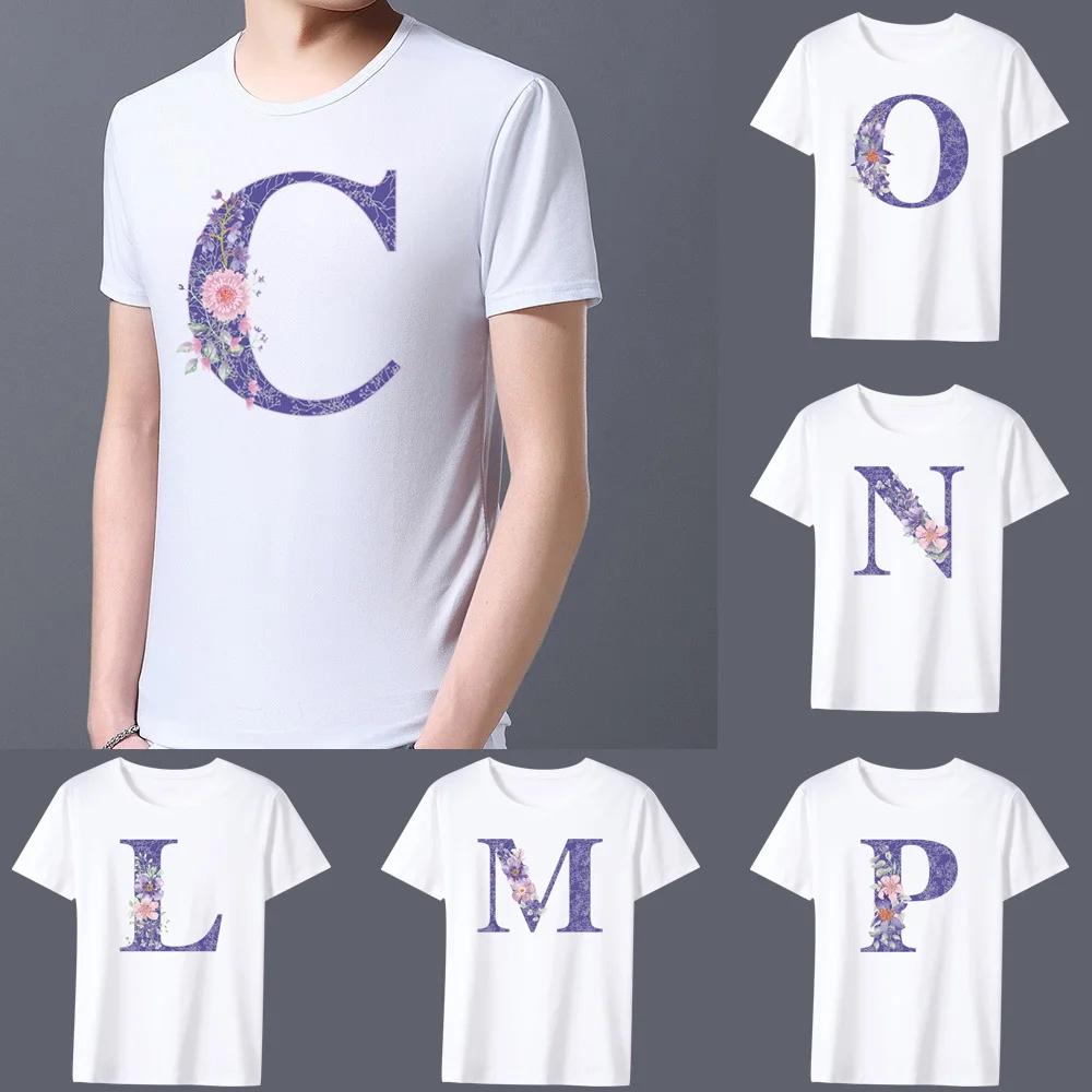 Men's T-shirt Basic Print Short Sleeve Anime Top Purple Flower Lettern Series Casual White O-neck Commuter Comfortable Shirt