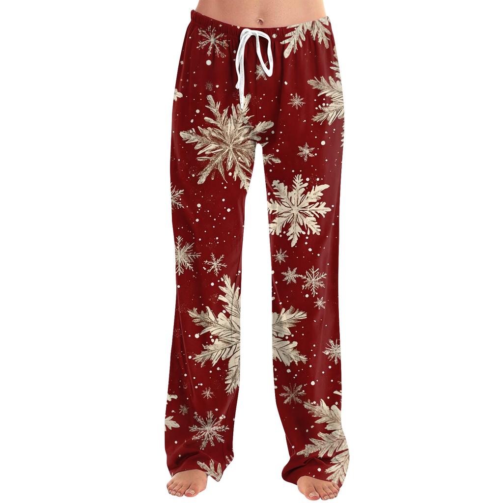 Ladies' Loose And Casual Christmas Printed Wide Leg Pants With Elastic Waistband Drawstring And Pocket Pants