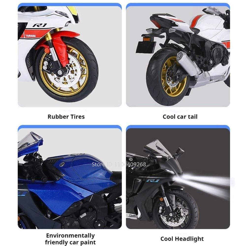 1:12 R1 R1M Motorcycle Model Toy Music Light Shock Absorption Motorbike Foldable Tripod Models Toys Collectible Ornaments