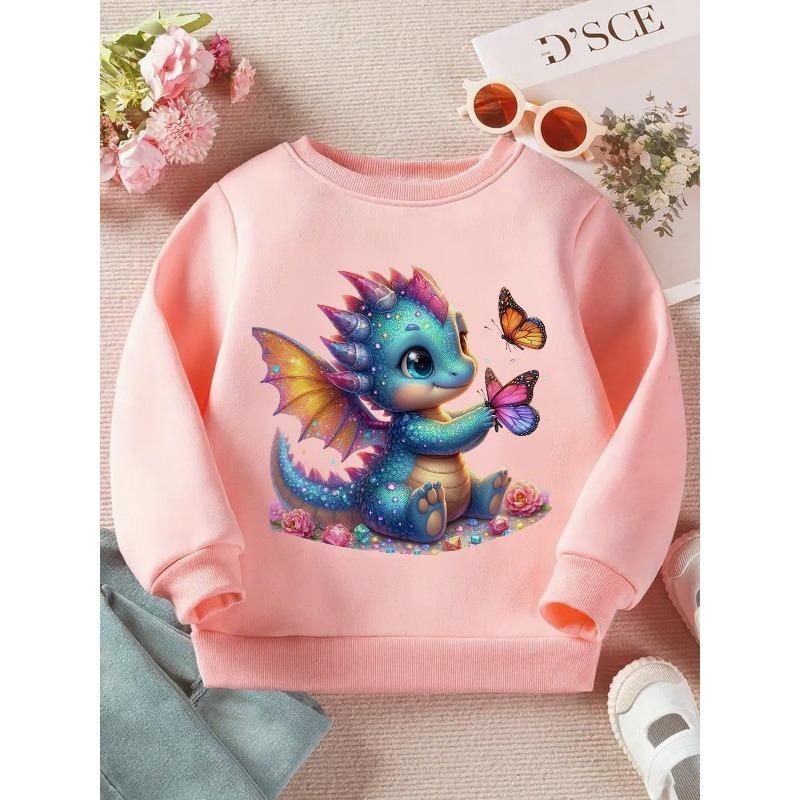 European sizes Kids' Magical Dragon & Butterflies Fantasy Sweatshirt - Toddler Kids' Soft Loose-Fit Pullover with Cute Dragon & Wings Print