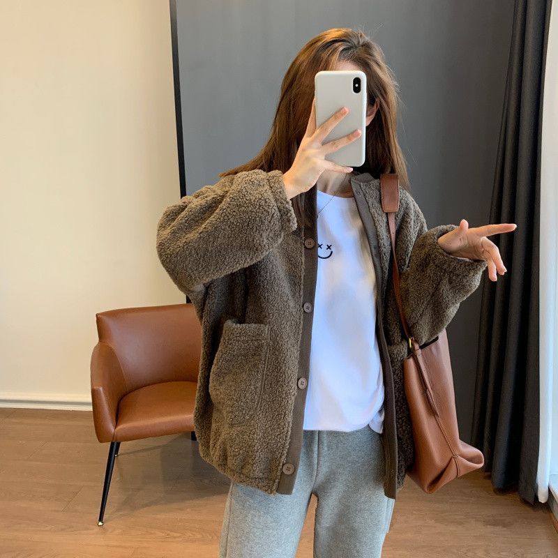Women's Lamb Wool Fleece Loose Cardigan Top Versatile Warm Autumn Winter Sweatshirt Thickened Jacket