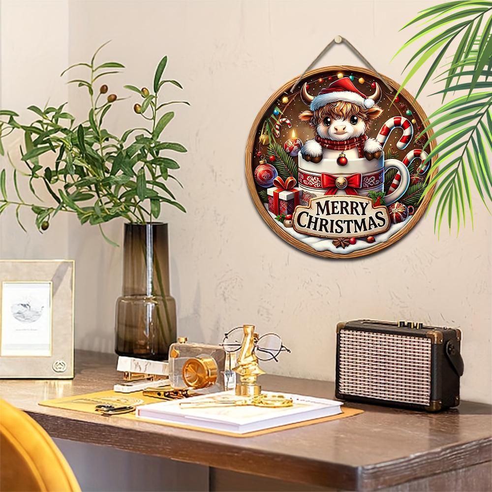 Christmas decoration sign,hanging decorations,2D flat Wooden product with The pattern of a calf in the cup,Christmas gifts for friends and family