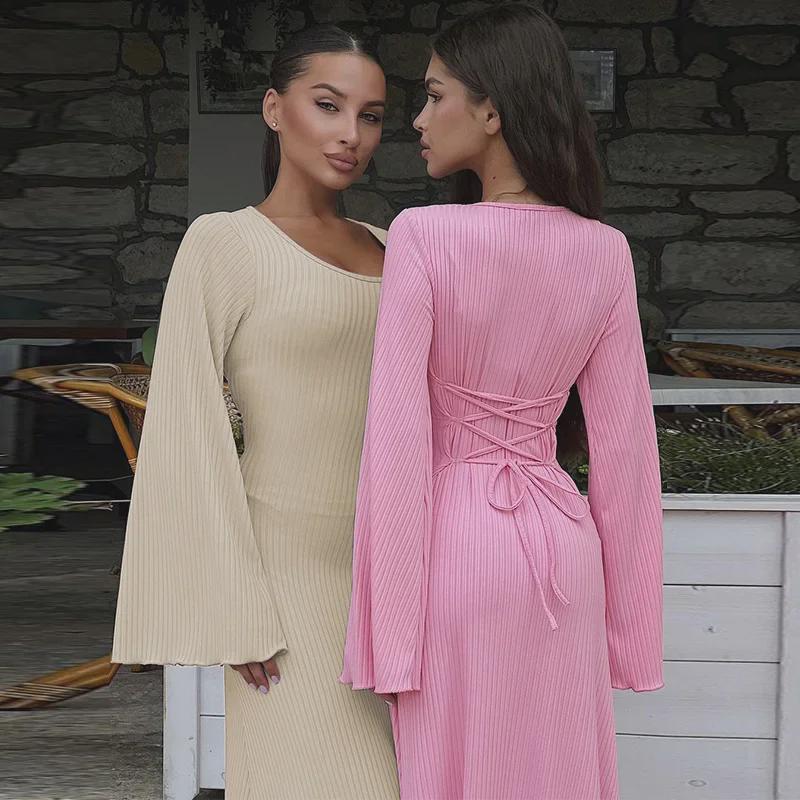 Abito Lungo da Donna Europeo e Americano con Scollo a U, Laccetti dietro, Vestibilità Larga e Maniche Lunghe - Moda Autunno 2023