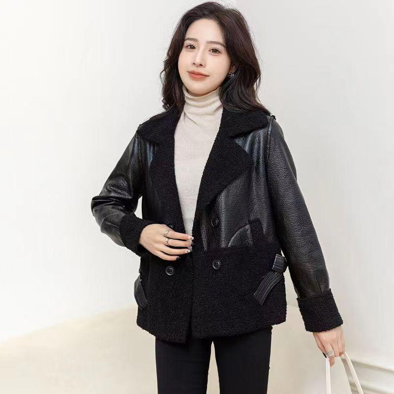 Leather Women's Plus Velvet Thickened Autumn and Winter Wear Loose Winter Western Style Short Ladies Leather Jacket on Both Sides