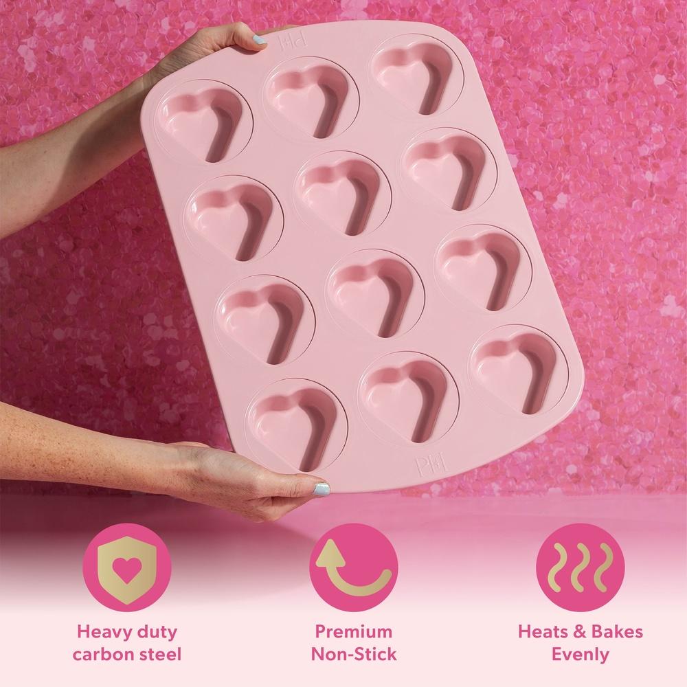 Heart Shaped Mini Cake Pan 12 Cup Nonstick Carbon Steel Bakeware Dishwasher Safe Perfectly Baked Desserts