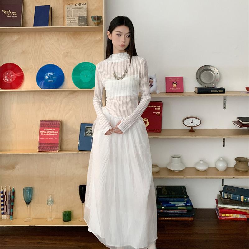 Elegant Slimming Patchwork Long Sleeve Knitted Dress Large белый