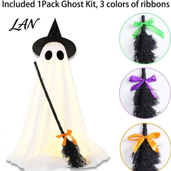 Yard Ghost Ornament Halloween Light-Up Decoration, Spooky Witch Hat with LED Decorative Wizard Light, Broom Decor for Outdoor Lawn Porch Holiday Party
