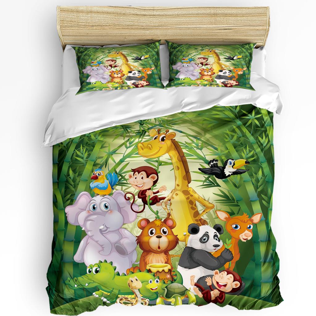 Tropical Jungle Cartoon Animal Giraffe Lion Elephant Duvet Cover Pillow Case Bedding Set Quilt Cover Double Bed Home Textile