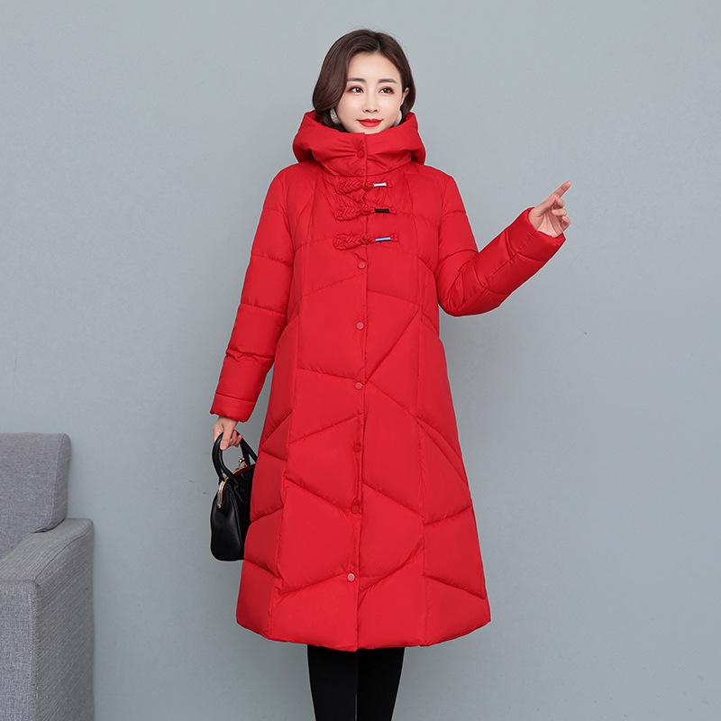 Dámský zimní kabát s kapucí, dlouhý po kolena