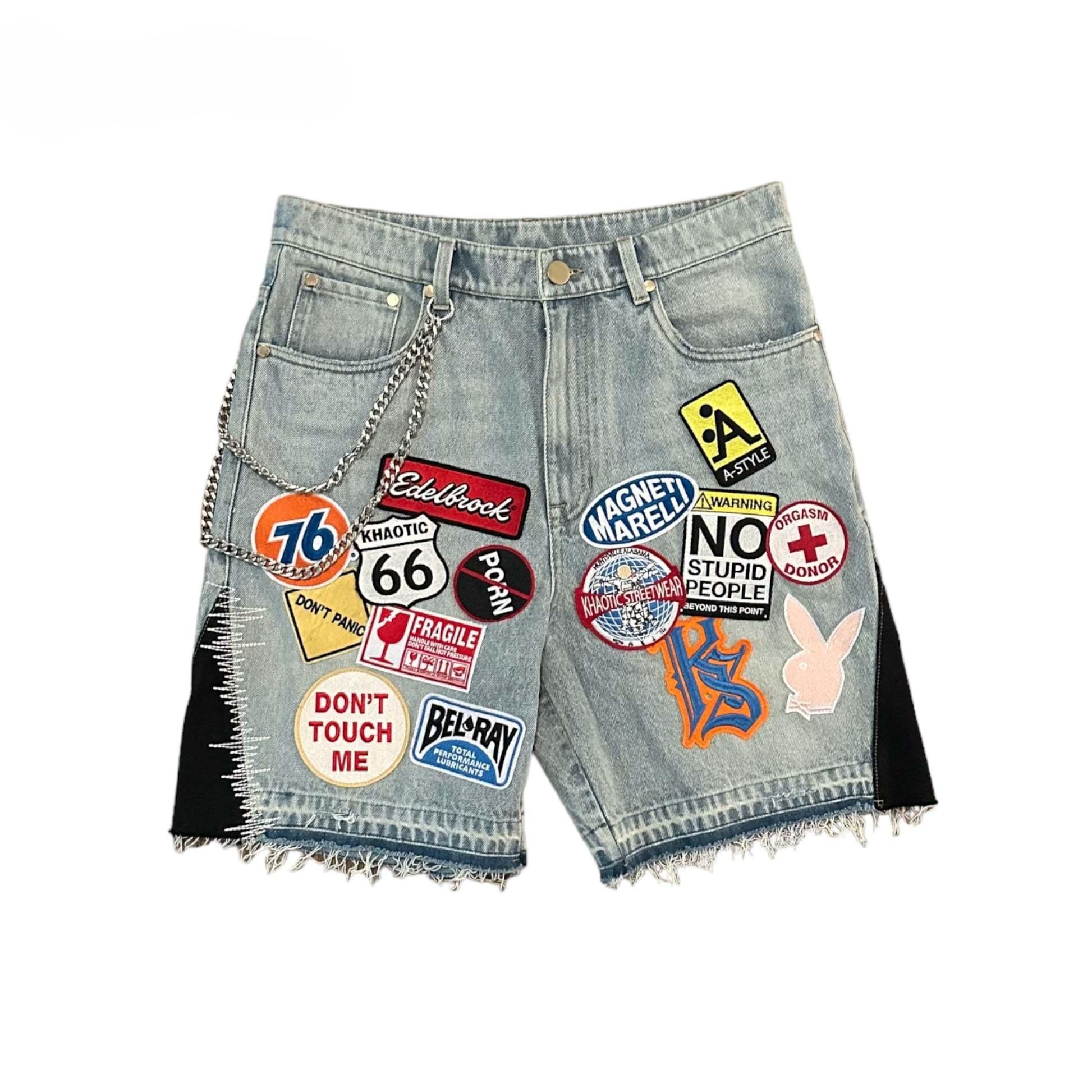 ZYLLO Streetwear Retro Patchwork Denim Short Y2K Jeans Herren Damen Hip Hop Car1oon Grafik Retro Blau Locker Denim Fitness Casual Shorts L gray