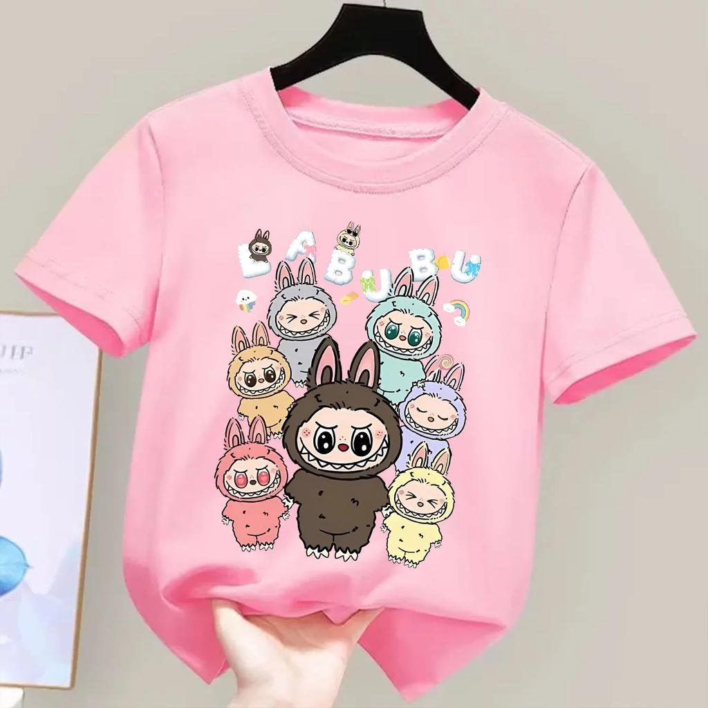 Labubu Mokoko T-shirt for Children Cartoon Round Collar Tee Top New Boys Girls Clothes Cute Short Sleeve Kids Pink Clothing Gift