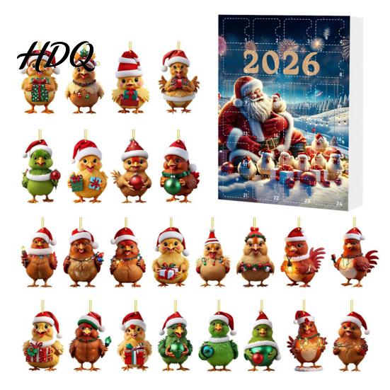 Acrylic Hanging Decorations Chicken Advent Calendar 2026 24 Days Christmas Countdown with 2D Flat Ornament Set Ornament Cartoon Pendant for