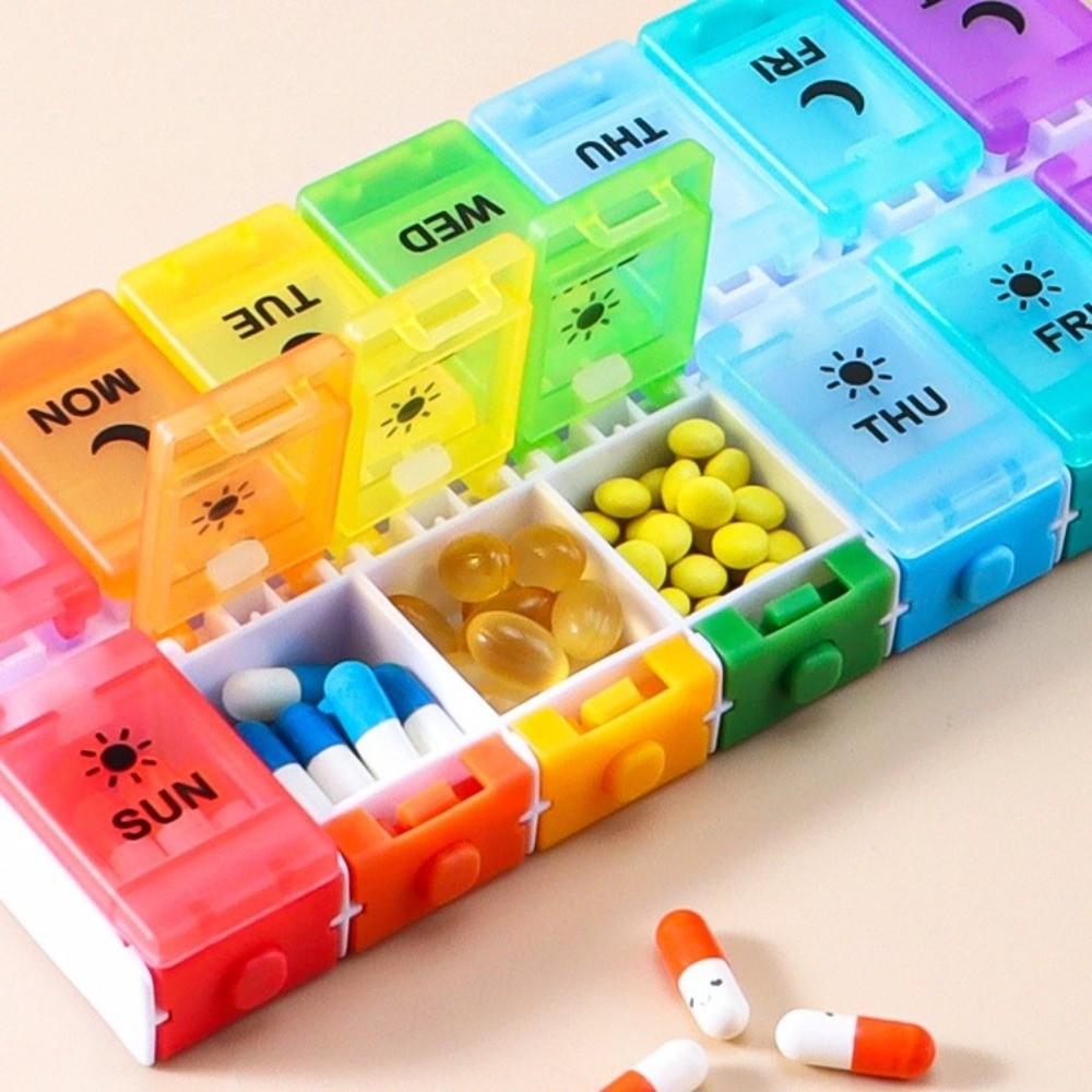 Portable Button-Press Lid Pill Box Weekly Travel Pill Cases Box 14 Grids Pills Container  Men/Women