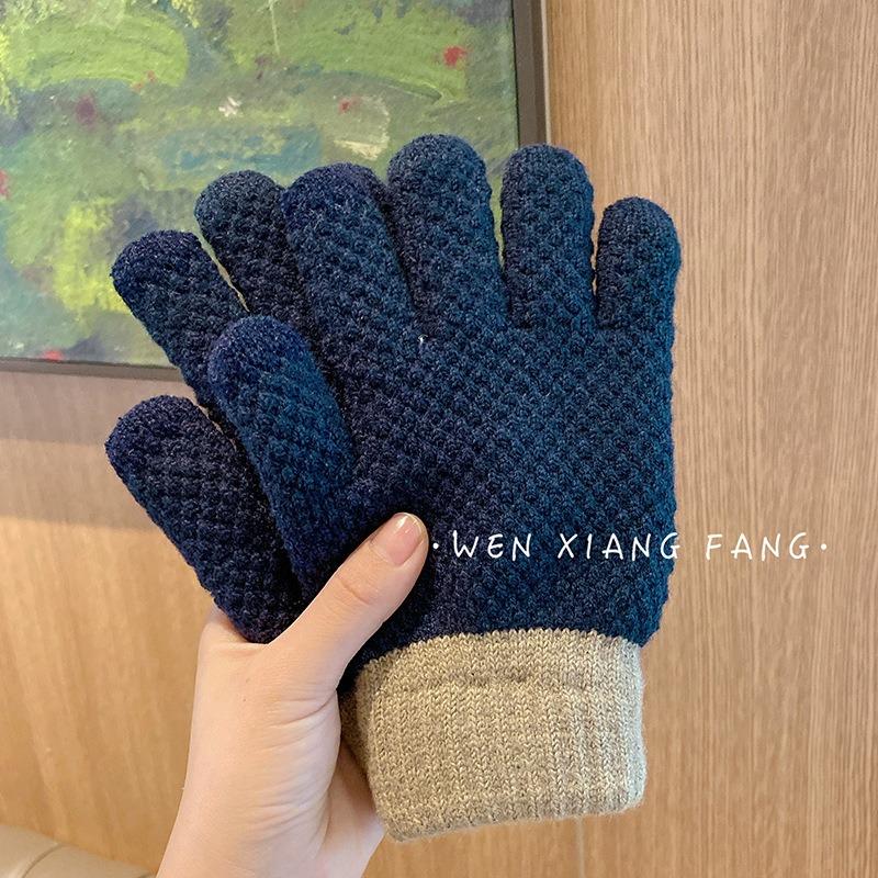 

Перчатки зимние женские бархатные утолщенные шерстяные вязаные контрастных цветов пятипалые для велоспорта для сохранения тепла, ветрозащитные и холодостойкие мужские One size темно-синий