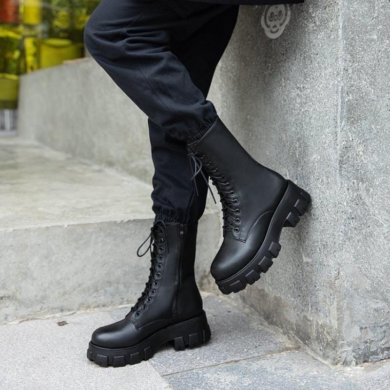 Fashion Women's Boots Fashion High-top Leather Boots Lace Up Platform Boot Side Zipper Ankle Boots for Women Motorcycle Boot Botas Mujer