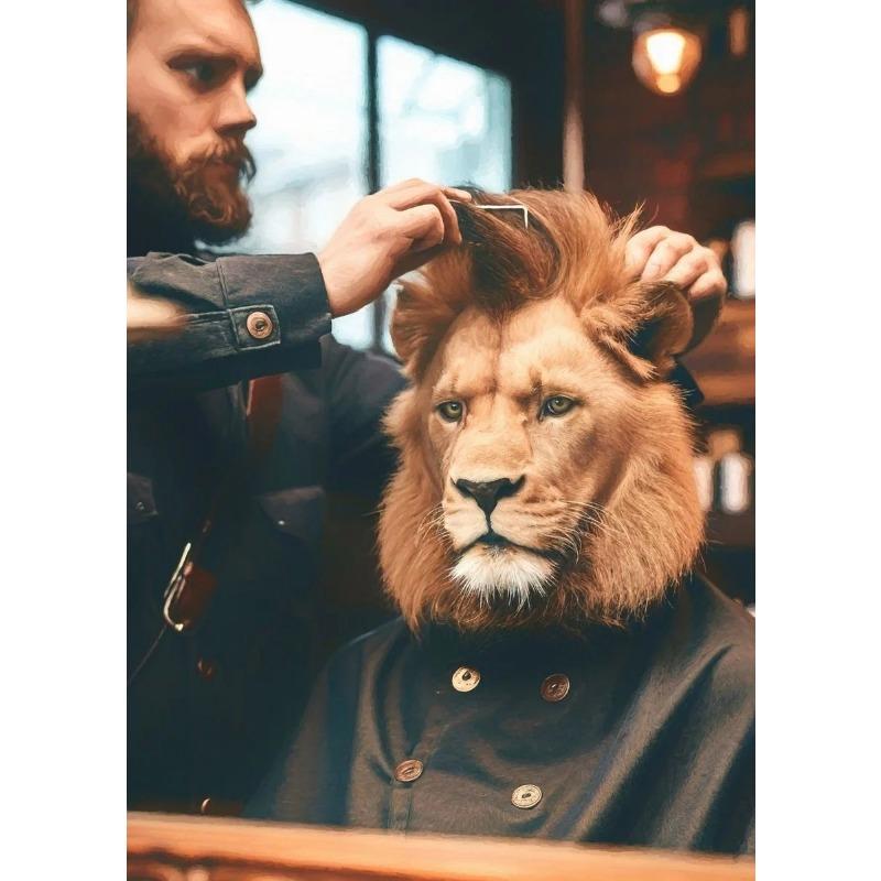 Funny Hairstyle A Lion At The Barbershop Hairdresser Art Poster Canvas Painting Wall Prints Picture Room Barbershop Home Decor