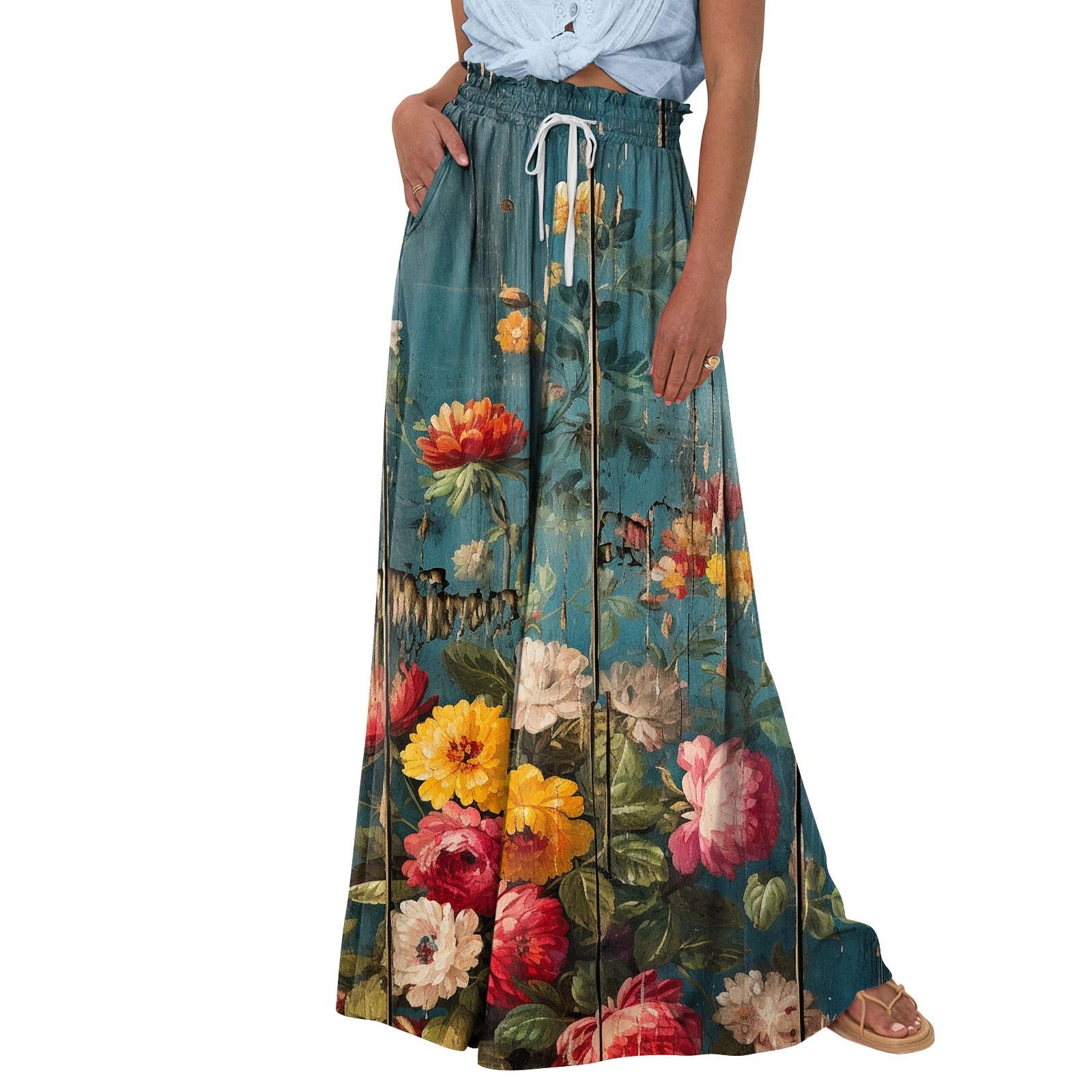 

Женские широкие брюки с высокой талией, летние повседневные струящиеся брюки-палаццо, пляжные брюки с цветочным принтом и карманом XXXL синий