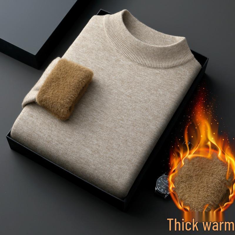 Men's Velvet Knit Sweater - Warm Half-High Collar, Thickened Base Layer