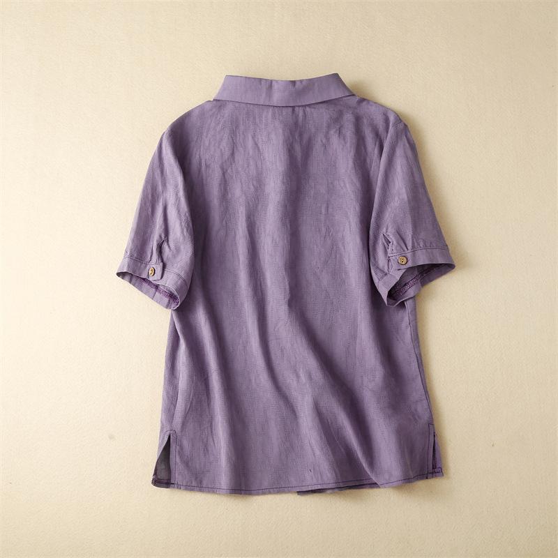 

2025 лето новая женская рубашка с коротким рукавом и воротником поло, ретро литературный однобортный топ из хлопка и льна однотонной расцветки 3XL фиолетовый