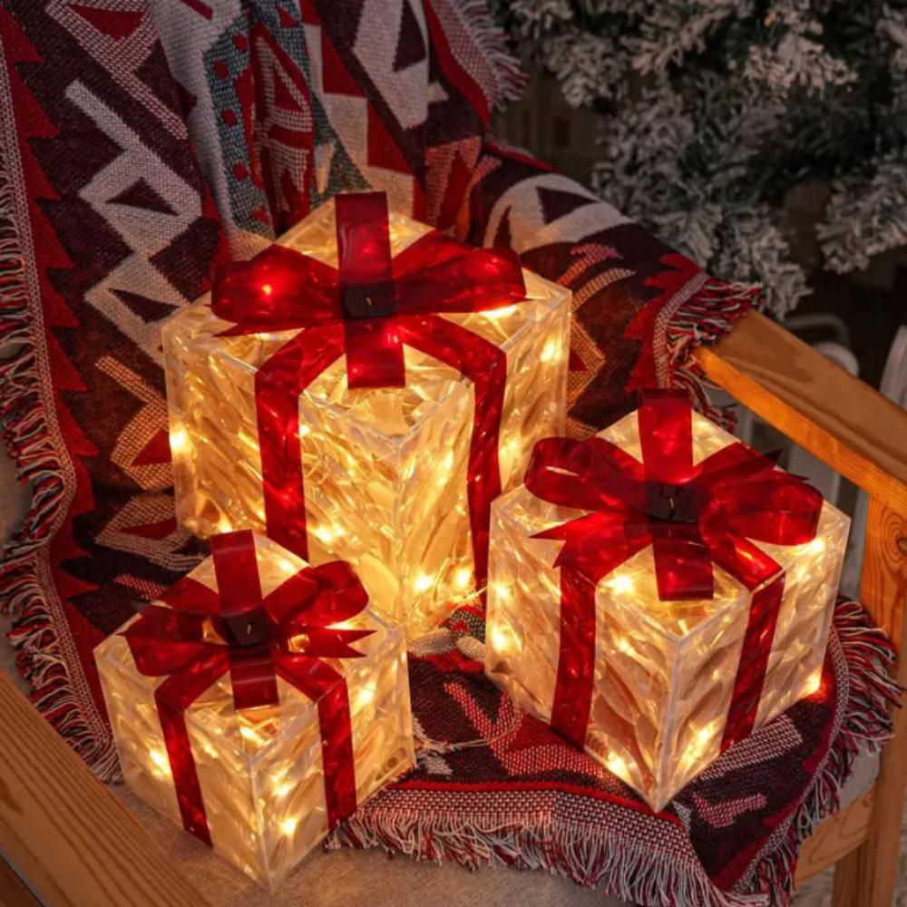 3Pcs Christmas Glowing Decoration Lighted Gift Boxes Set Navidad 50 LED Christmas LED Lights Box Present Boxes Ornament Luminous