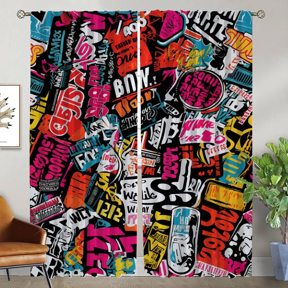 Graffiti Kunst Moderne Wohnzimmer Vorhänge für Kamera Tüll für Schlafzimmer Heim Innenvorhänge 2 Stück Halloween Dekoration Kind