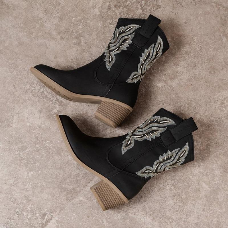 Womens Boots 2025 Embroidered Autumn Womens Shoes Chunky Heel Rider Boots Woman Mid-Calf Pointed Toe Cowboy Long Botas Mujer