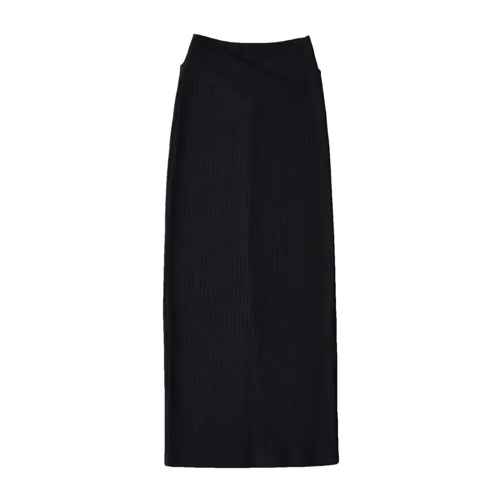 

Трендовая женская трикотажная миди-юбка в европейском и американском стиле с V-образным вырезом, высокой талией и задним разрезом Medium чёрный