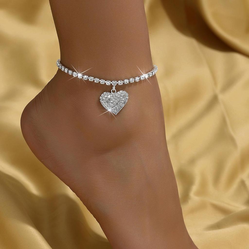 Trendy European-American Multi-Layer Love Tassel Anklet with Water Diamonds