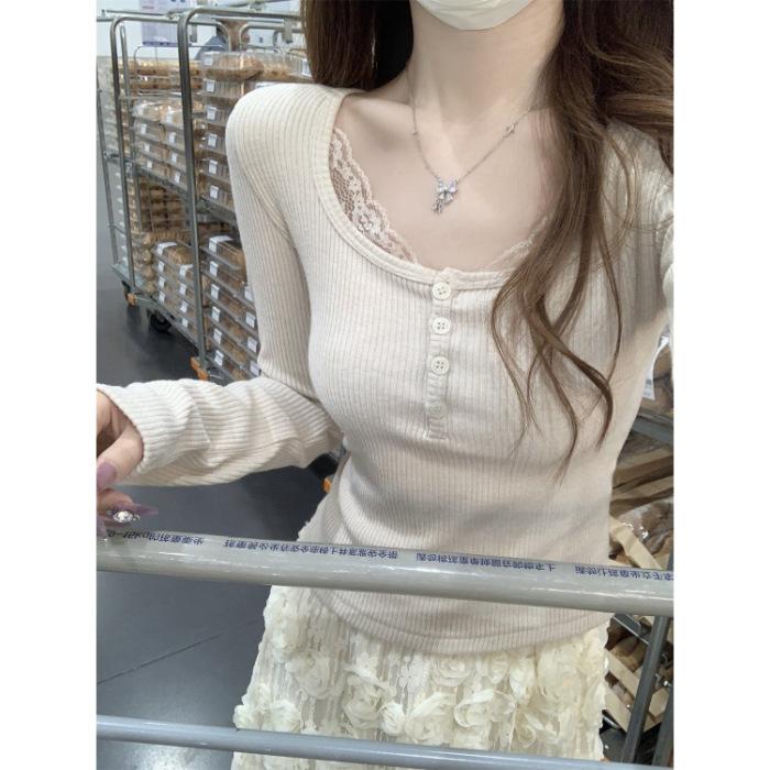 

Autumn and winter versatile short square neck splicing long-sleeved T-shirt knitted sweater Korean retro lace inner bottoming shirt women S абрикосовый