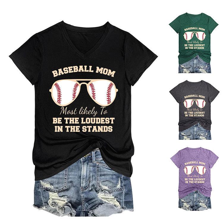 Summer New Short Sleeve Tshirt Baseball Mom Print Loose Vneck Casual Fashion Top